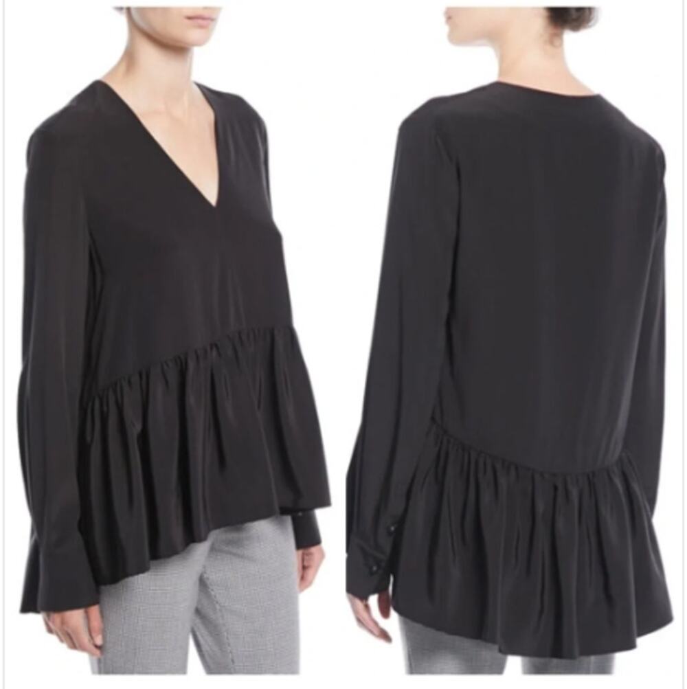 Tibi 100% Silk V-Neck Peplum Hem Blouse Drapey Soft Dark Balletcore Sz: 2